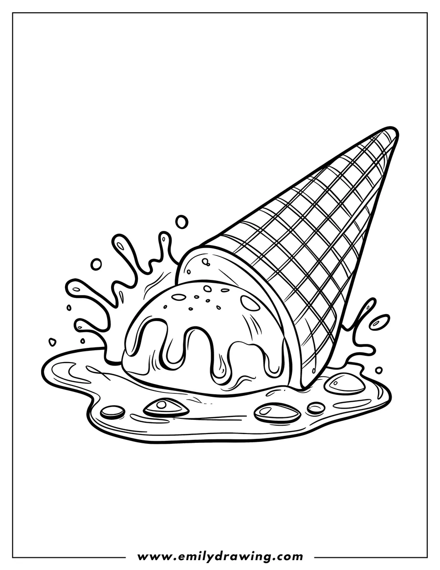 Line art of a dropped ice cream cone with melting ice cream and a patterned cone.