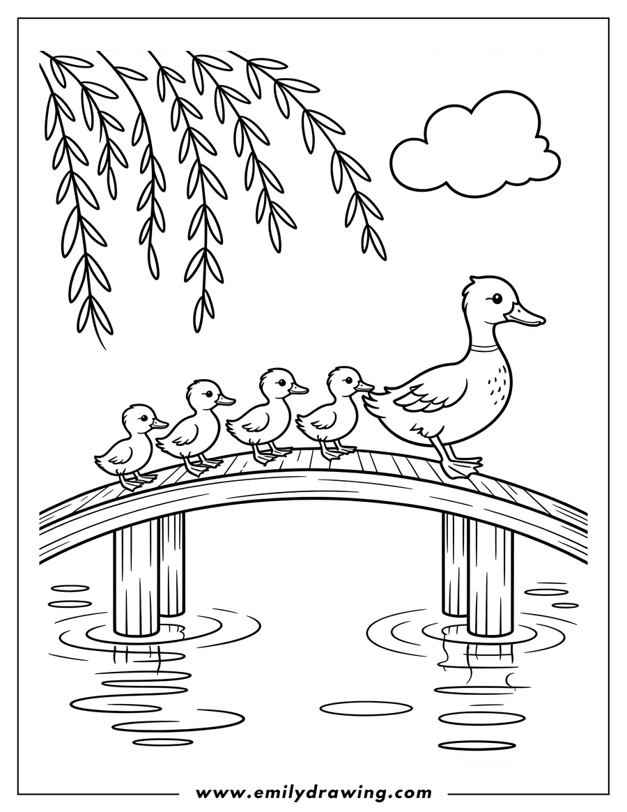 Outline of a mother duck and her four ducklings walking on a small wooden bridge over water. Willow branches and a cloud appear in the background.