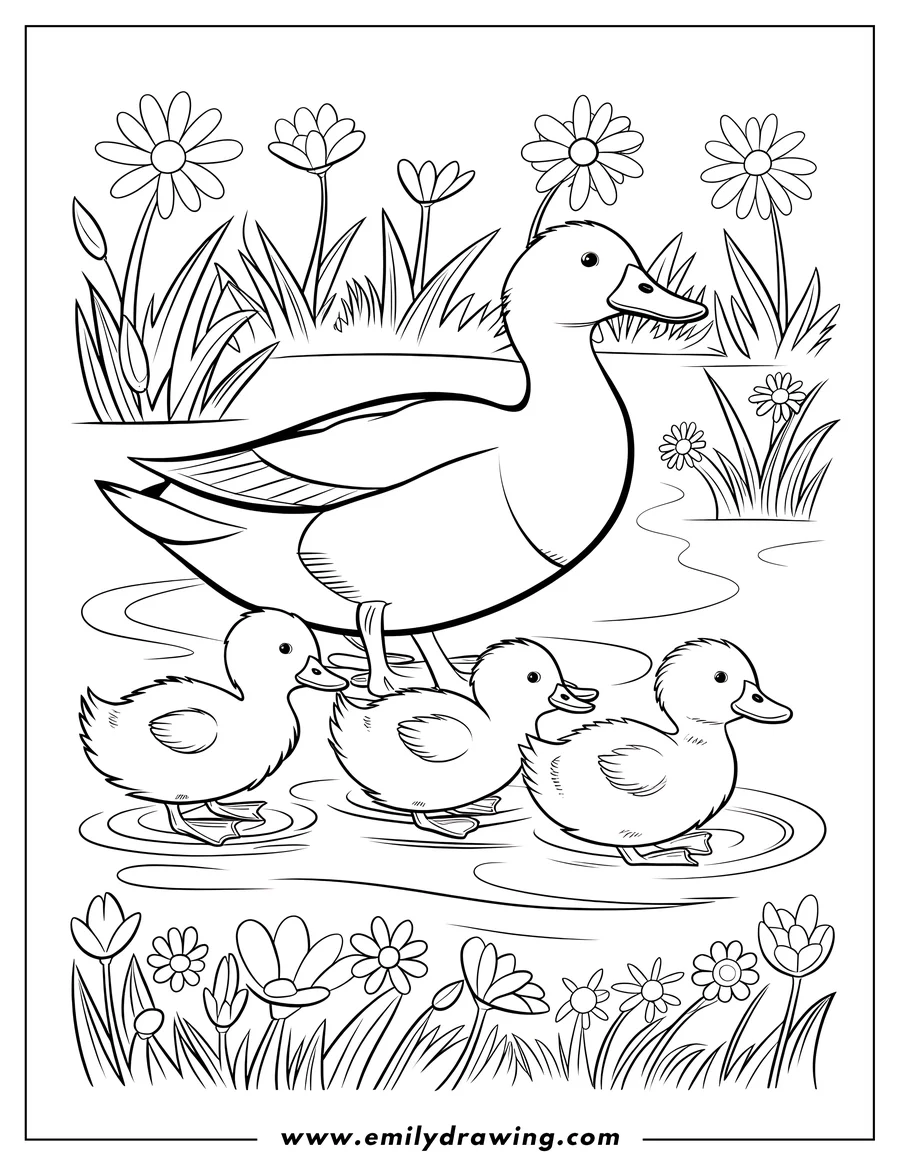 Line art of a mother duck with her three ducklings in a pond surrounded by flowers and grass.