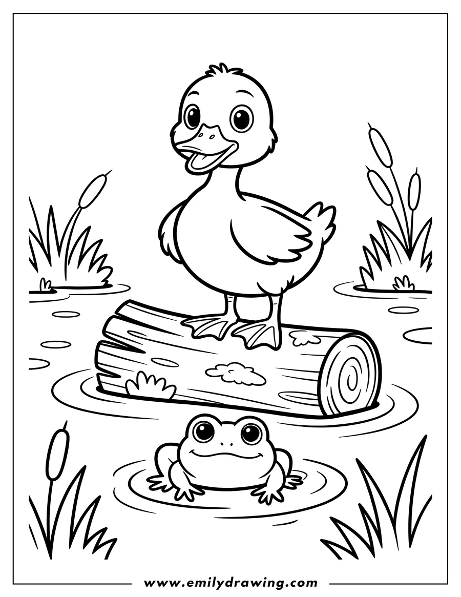 Outline of a duck standing on a log in a pond, with a frog swimming nearby.