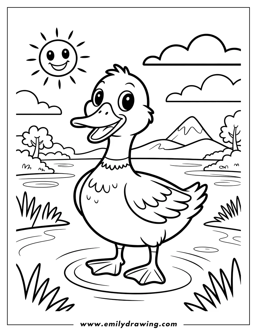 Outline of a duck standing by a pond, with a smiling sun, clouds, and hills in the background.