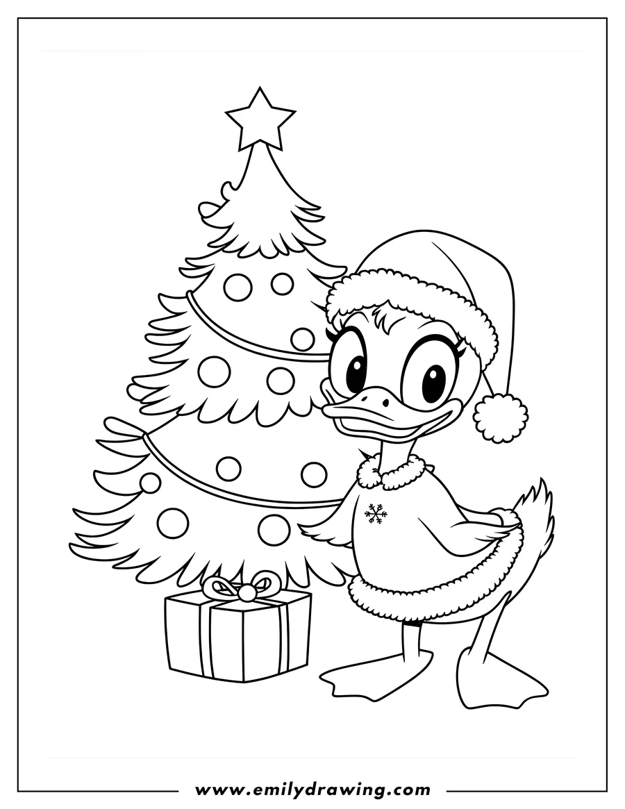 Outline of a duck wearing a Santa hat and festive sweater, standing next to a decorated Christmas tree and a wrapped present.