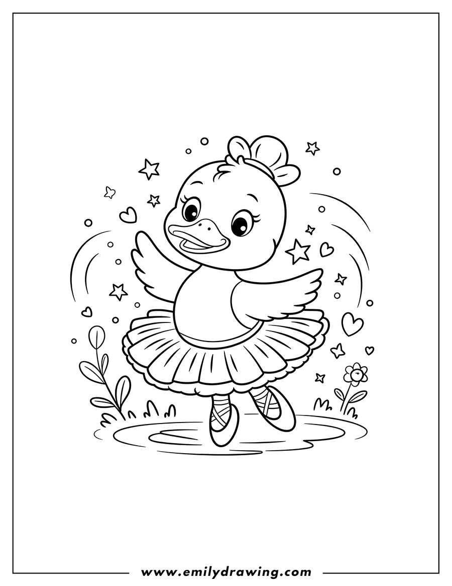 Outline of a cheerful duck wearing a tutu and ballet slippers, dancing near a pond.