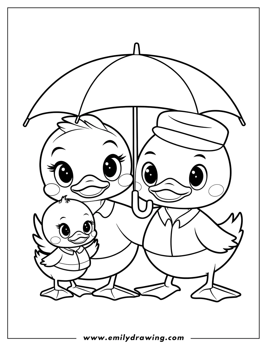 Outline of a duck family standing together under an umbrella. The baby duckling stands in front of its parents.
