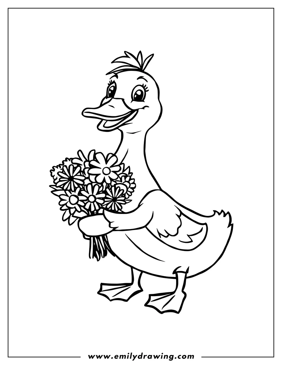 Outline of a duck holding a bouquet of flowers.