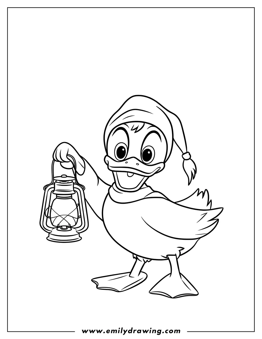Outline of a duck holding a lantern. The duck is wearing a hat.