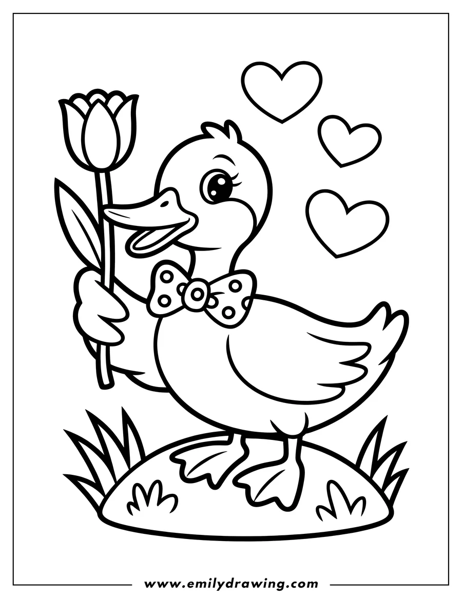 Outline of a duck holding a tulip. The duck is wearing a spotted bow tie.  Several hearts float in the background.