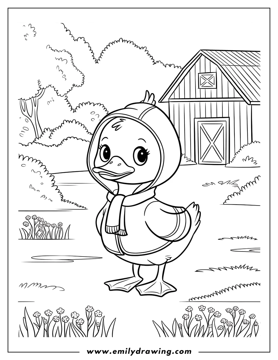 Outline of a duck wearing a hoodie and scarf, standing near a barn and some flowers.