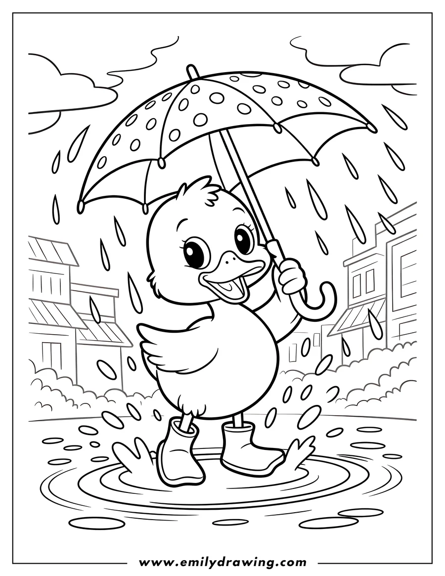 Line art of a duck wearing rain boots and holding an umbrella, splashing in puddles on a rainy day.