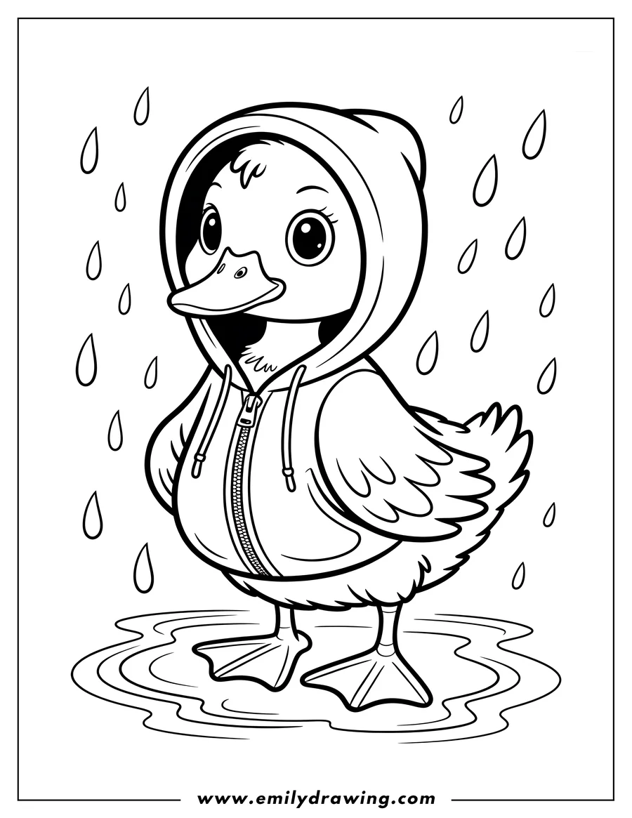 Outline of a duck wearing a hooded raincoat standing in puddles as raindrops fall.