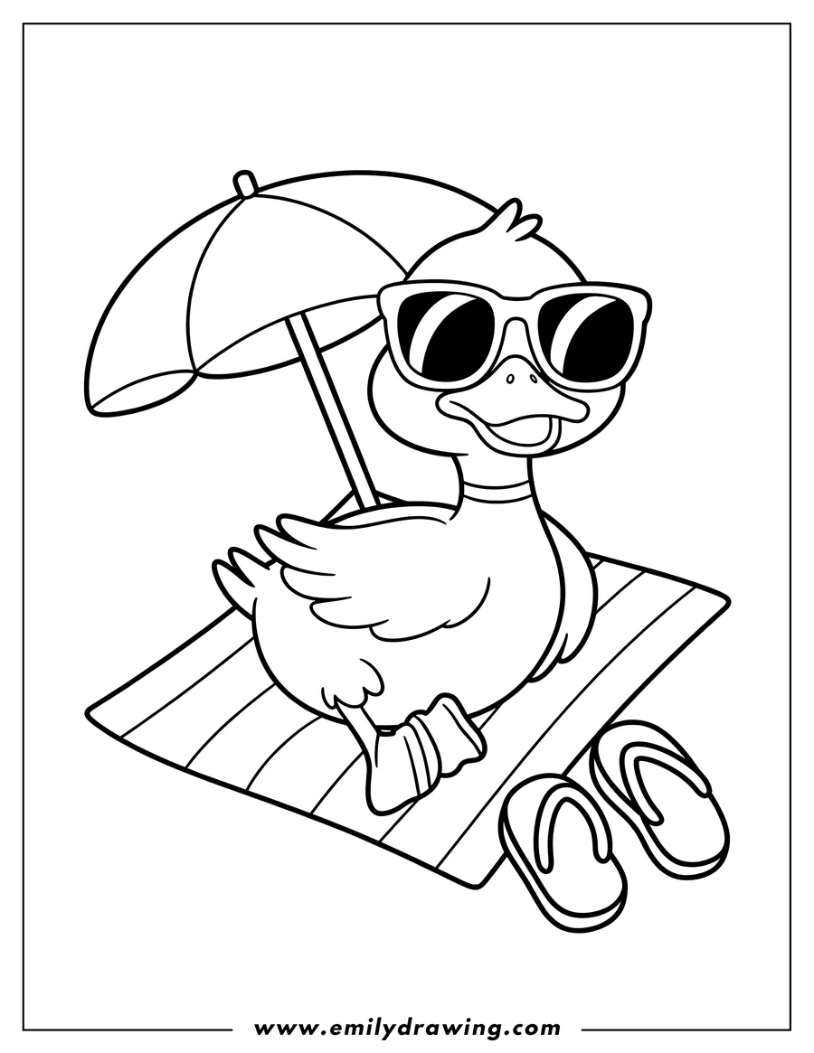 Outline of a duck wearing sunglasses and sitting on a striped beach towel under a beach umbrella with flip-flops nearby.