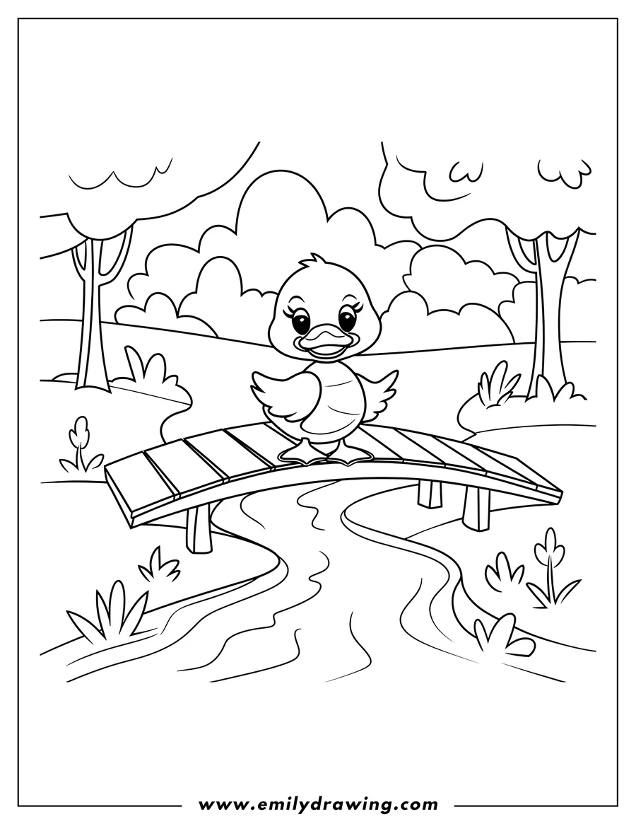 Outline of a duck standing on a small wooden bridge over a stream. Trees and plants are in the background.