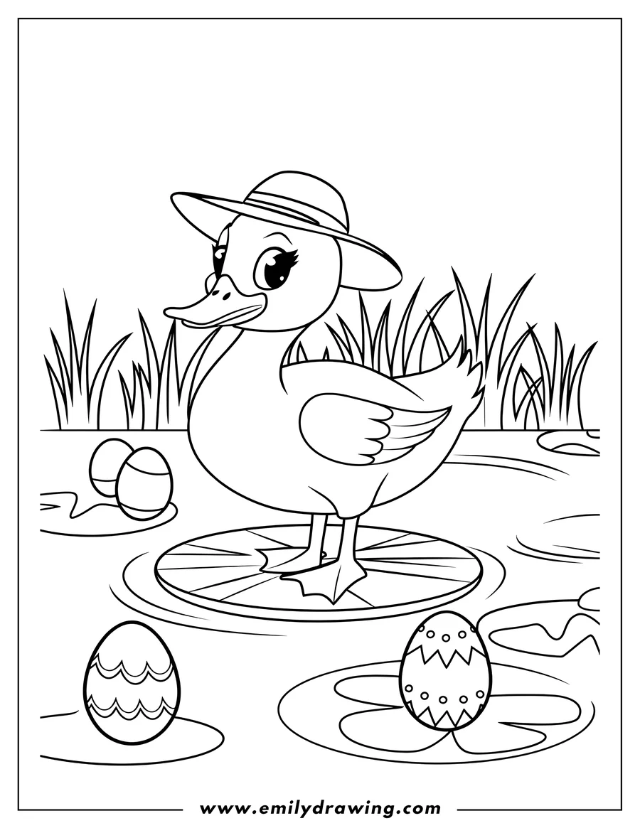 Line art of a duck wearing a hat, standing on a lily pad. Decorated Easter eggs float in the water nearby.