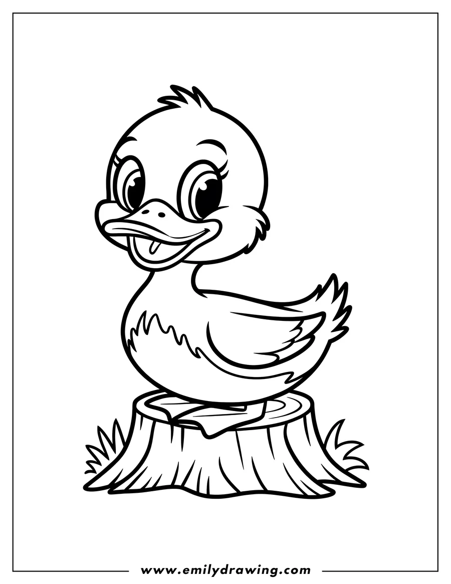 Outline of a duck standing on a tree stump with blades of grass at the base.