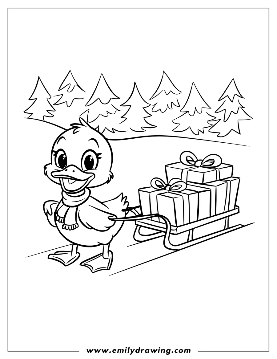 Line art of a duck wearing a scarf and pulling a sled loaded with presents in front of a row of pine trees.