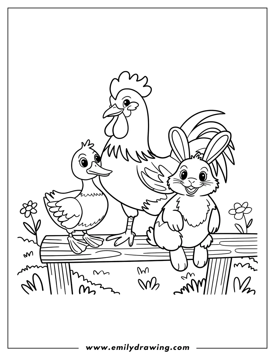 Outline of a duck, rooster, and rabbit sitting on a wooden fence in a field with small flowers.