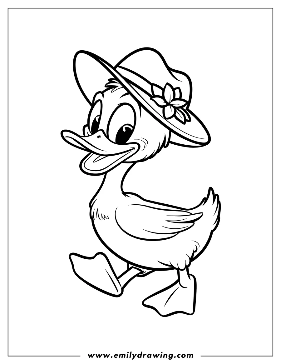 Outline of a duck wearing a stylish hat adorned with a flower.