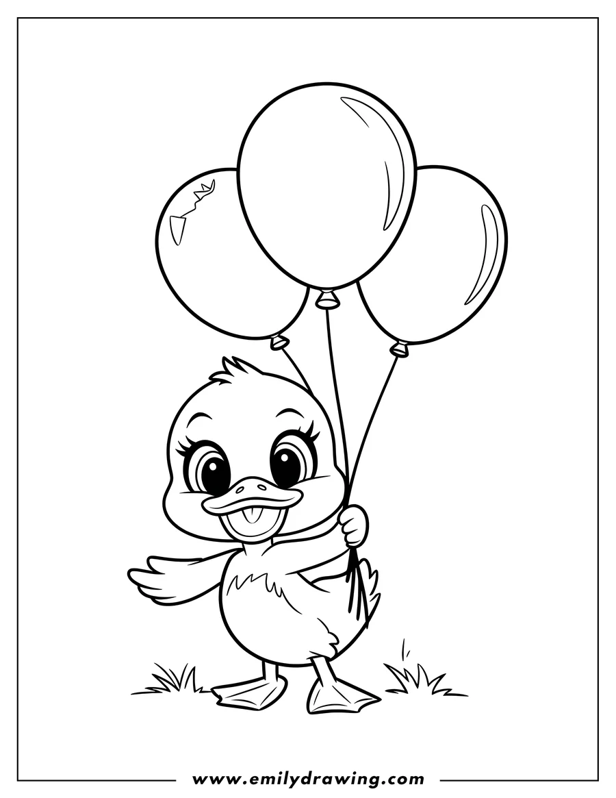 Outline of a duckling holding three balloons, standing in grass.