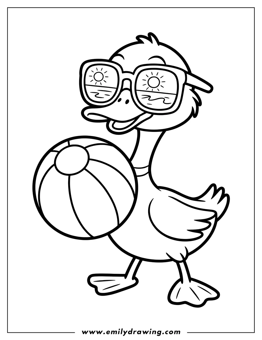 Line art of a duck holding a beach ball and wearing sunglasses with a beach scene reflected in them.