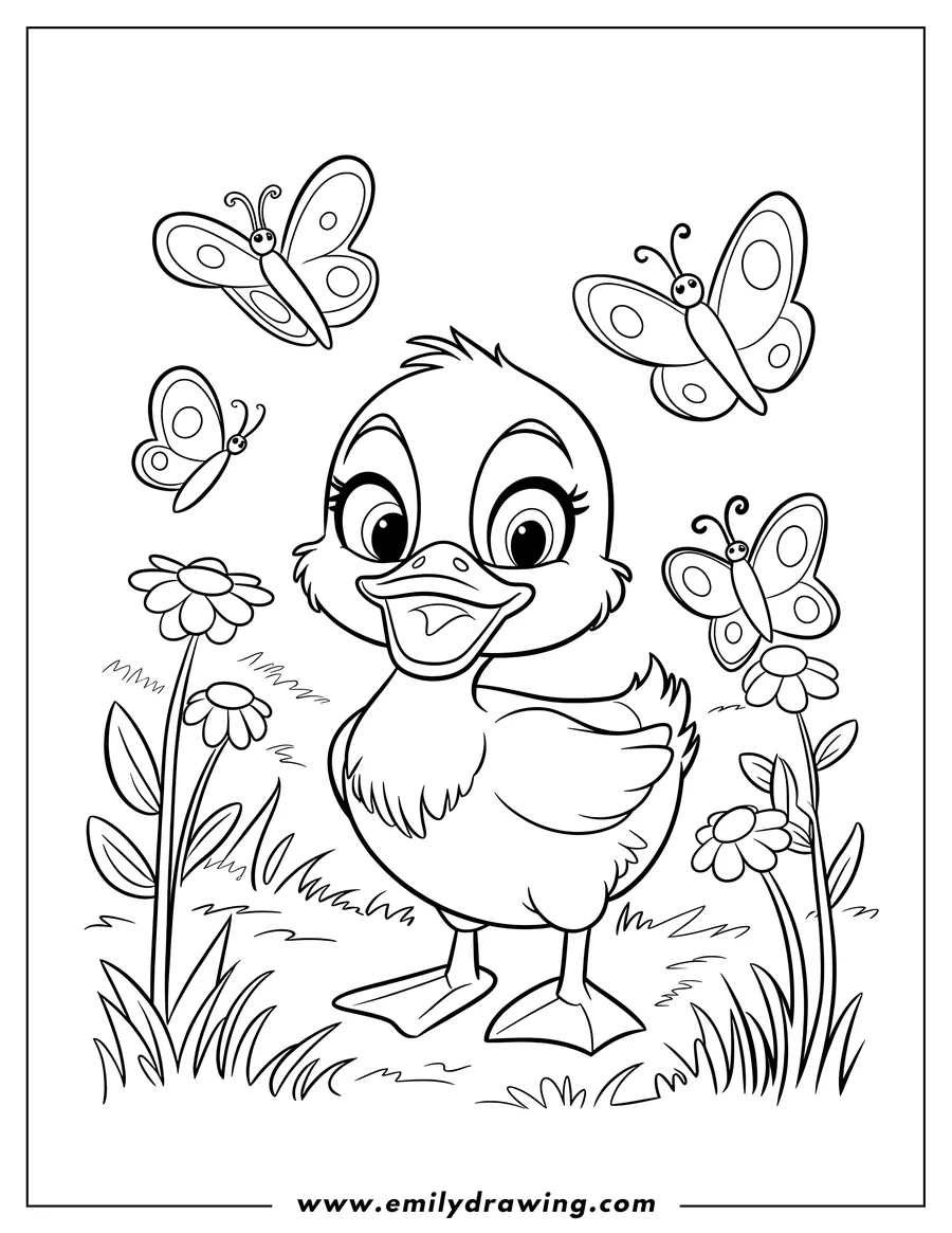 Outline of a cheerful duckling surrounded by butterflies and flowers in a field.