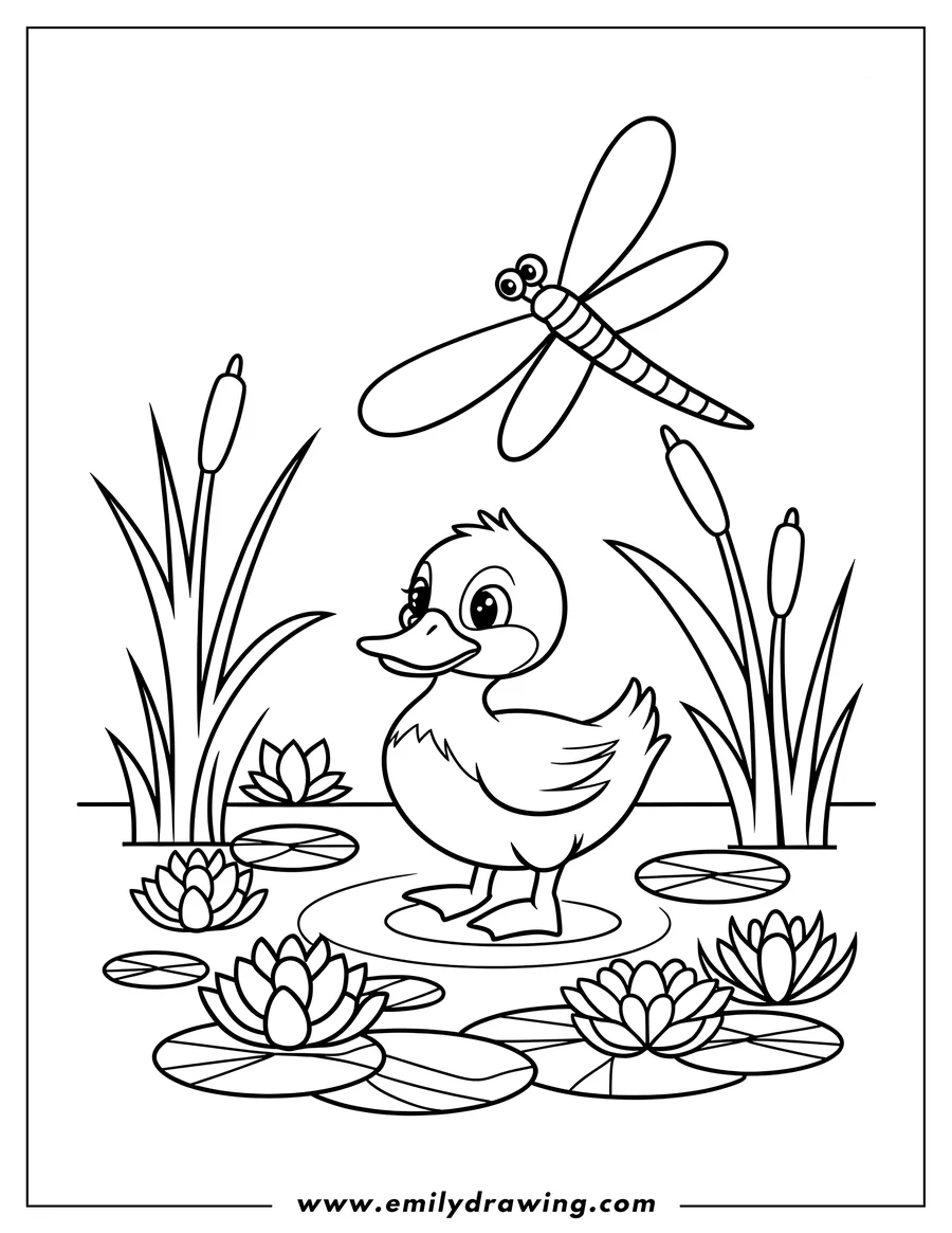 Outline of a duckling standing on a lily pad in a pond with a dragonfly flying overhead and cattails in the background.