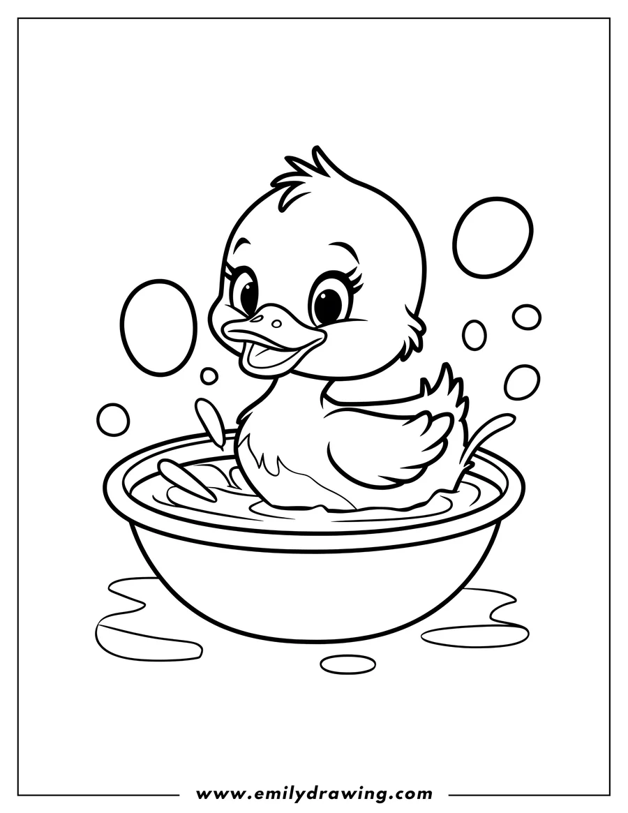 Outline of a duckling happily bathing in a basin, splashing and surrounded by bubbles.