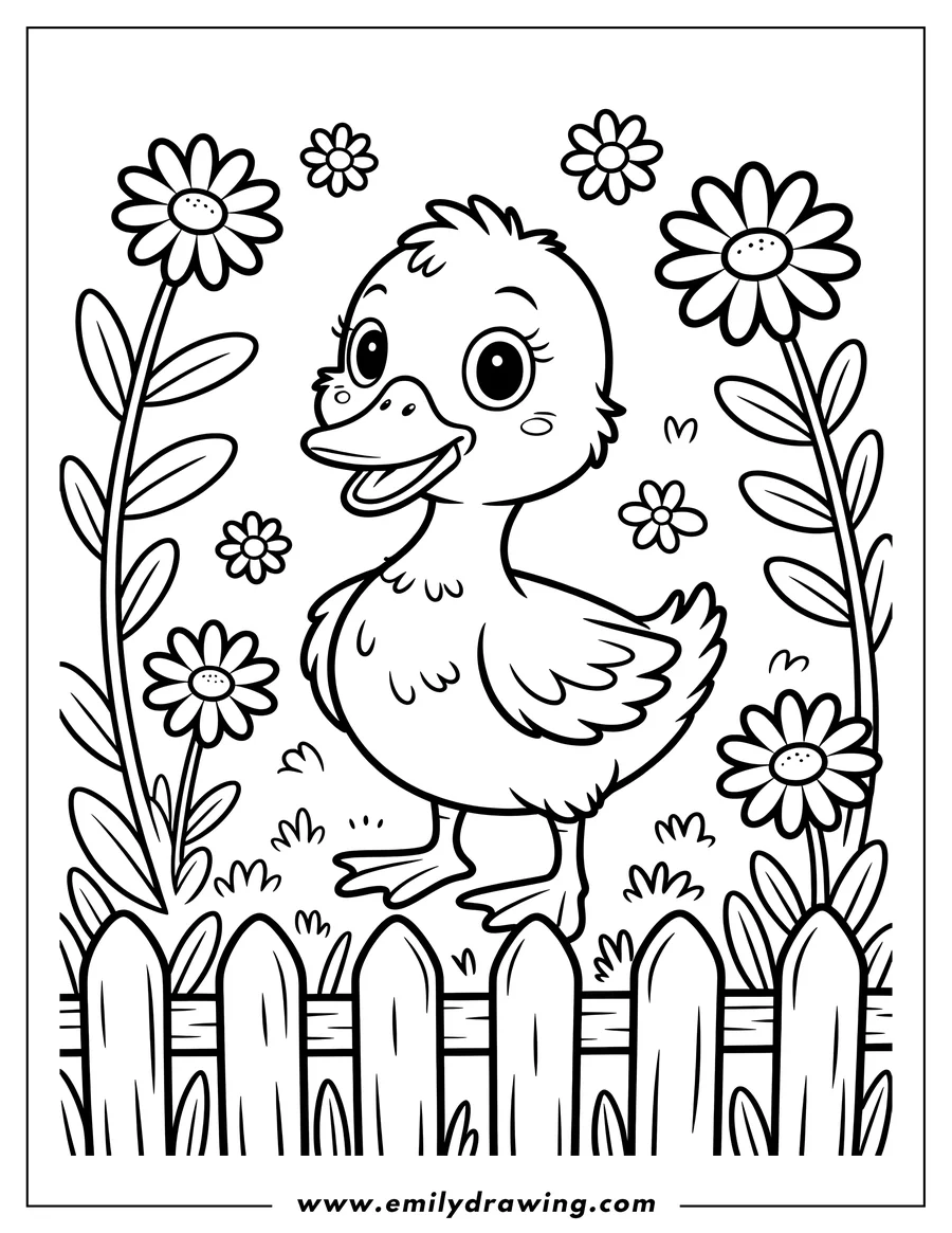 Outline of a duckling standing by a wooden fence, surrounded by flowers and grass.