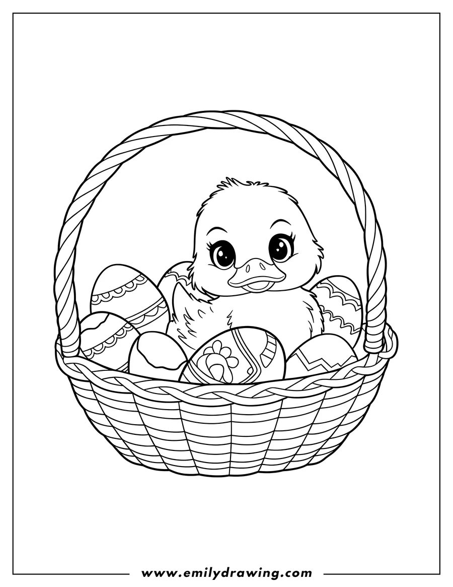 Outline of a duckling sitting in a basket filled with decorated Easter eggs.