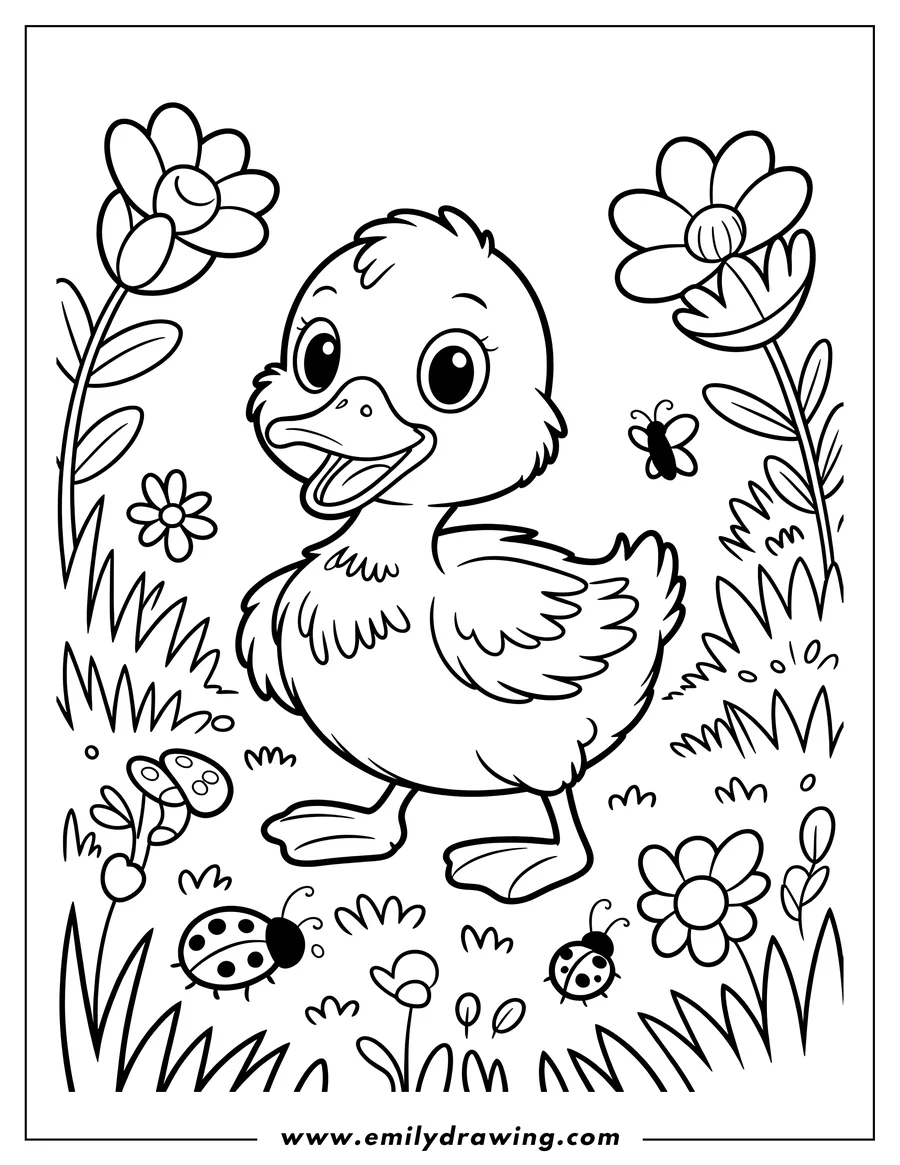 Outline of a duckling standing in a garden with flowers and bugs.