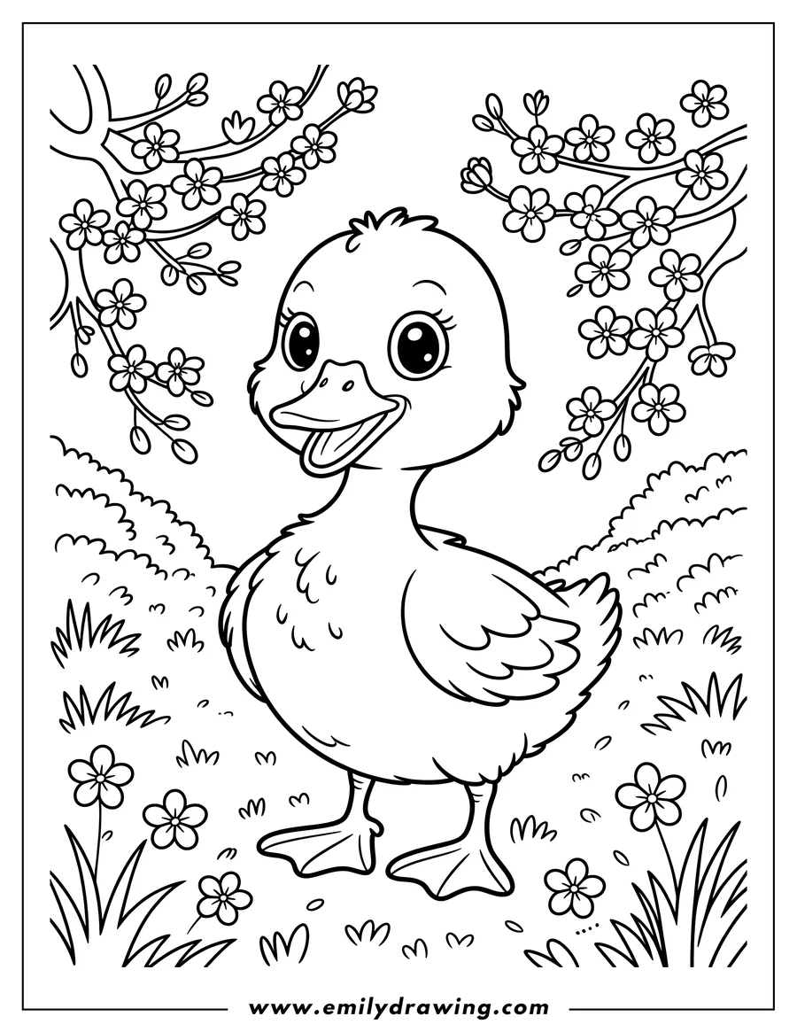 Outline of a duckling standing near blooming cherry blossom branches. Small flowers and grass are visible at its feet.