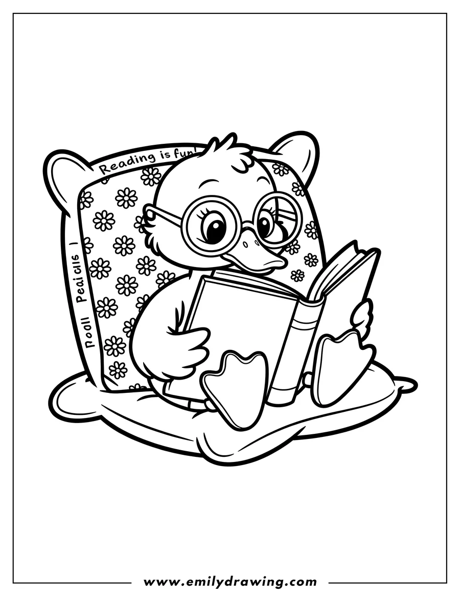 Outline of a duckling wearing glasses, sitting on a floral pillow and reading a book.