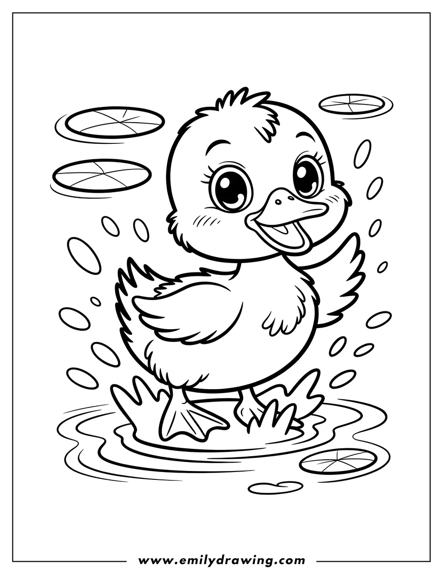 Outline of a duckling wading in a pond with lily pads. The duckling is smiling and splashing happily.