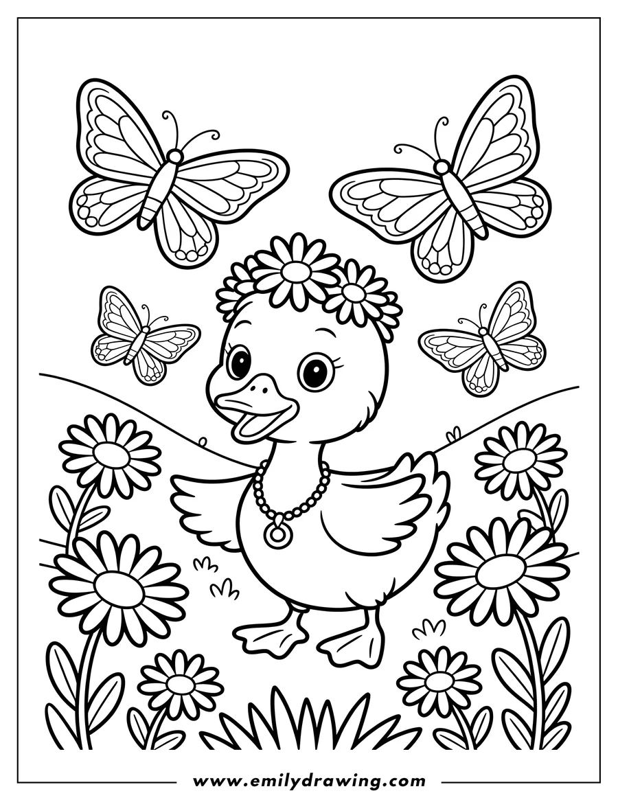 Outline of a duckling wearing a necklace and a flower crown, surrounded by daisies and butterflies.