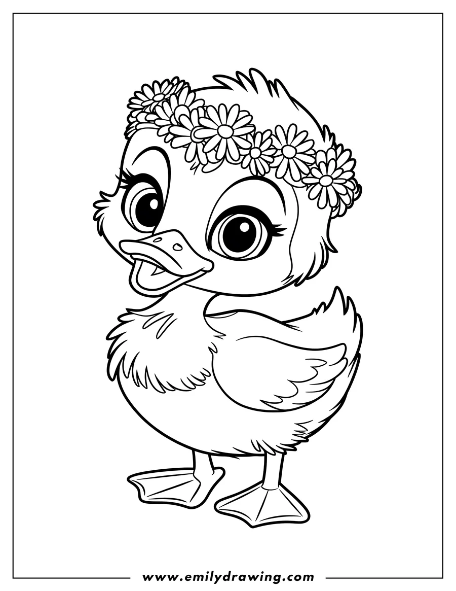 Outline of a duckling wearing a crown of daisies.