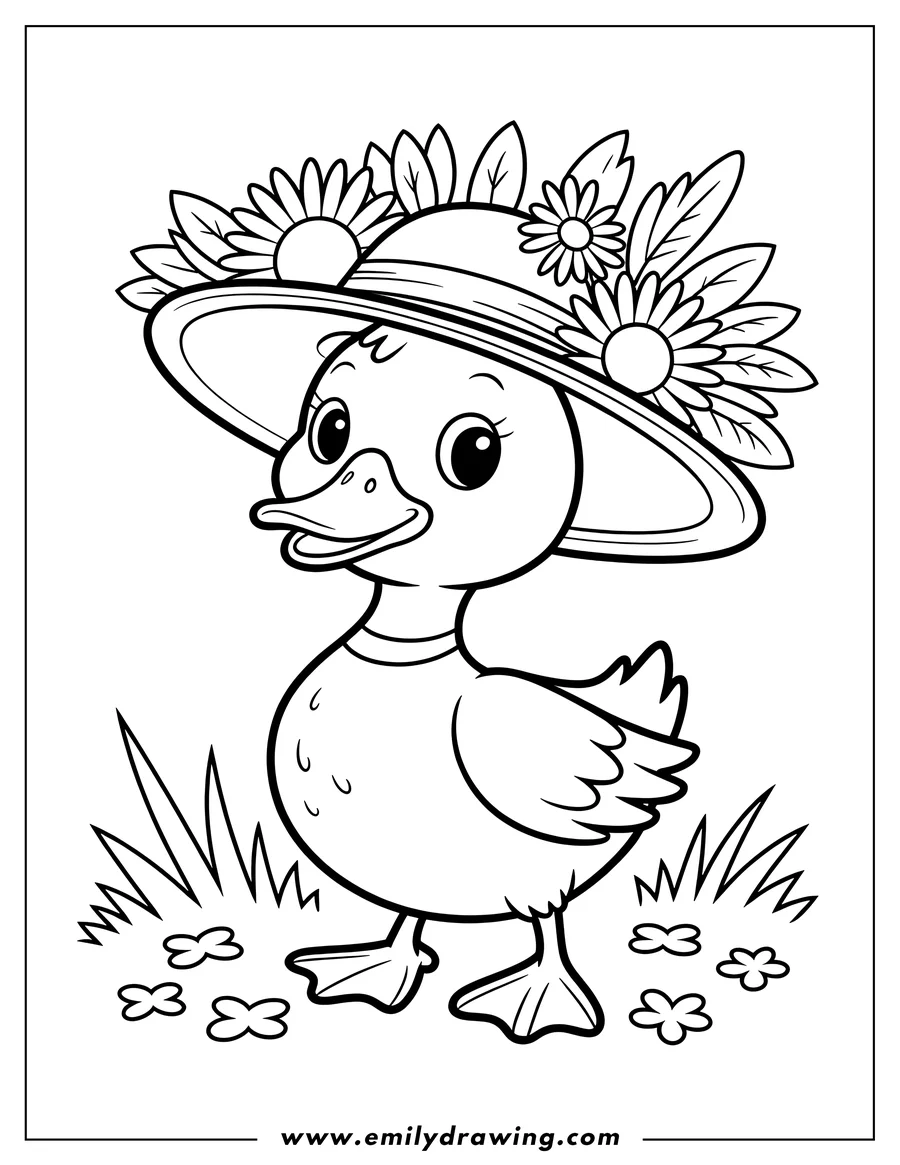 Outline of a duckling wearing a hat decorated with flowers and leaves, standing in the grass.