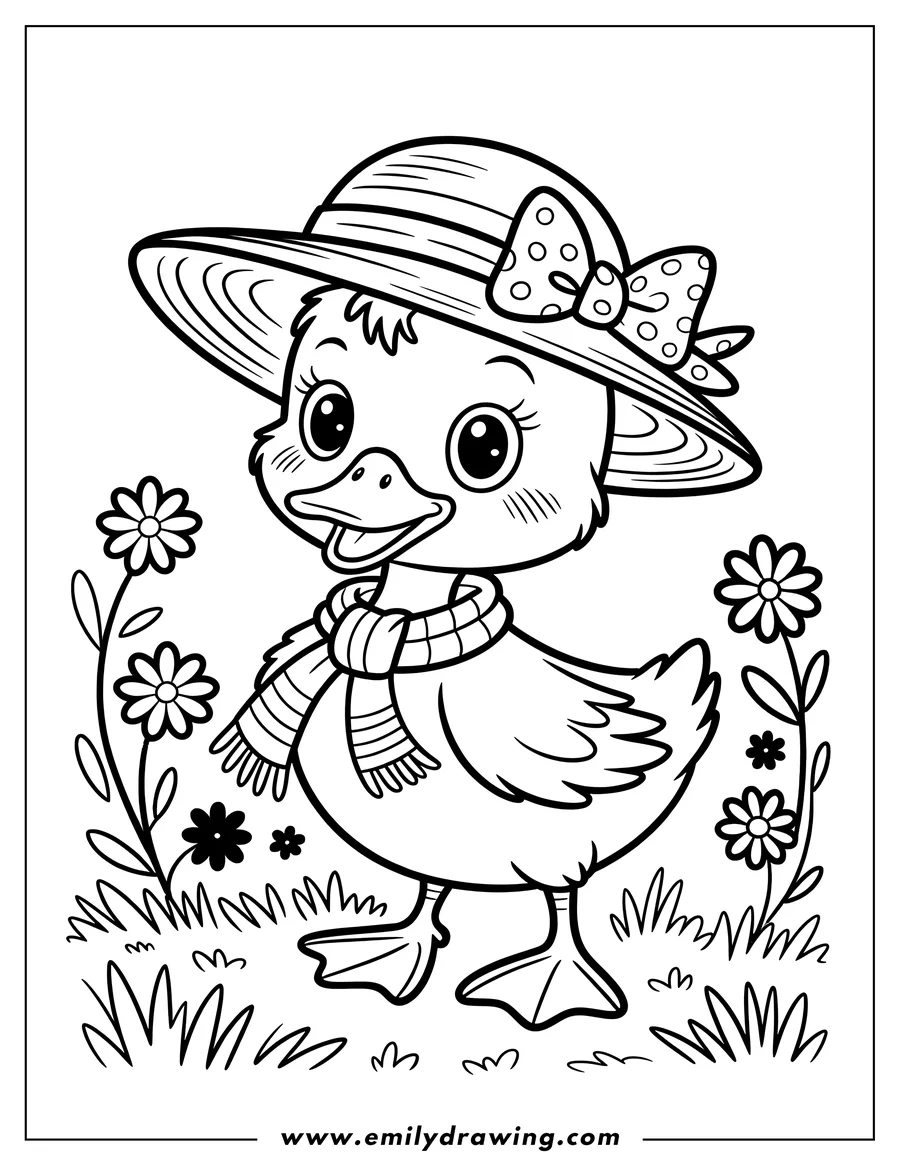 Outline of a duckling wearing a polka dot hat and striped scarf, standing in grass near flowers.