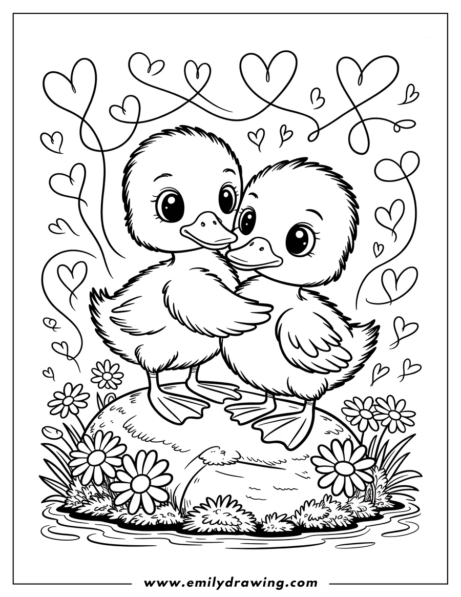 Line art of two adorable ducklings hugging on a small patch of land with flowers and grass, near water. Swirling hearts decorate the space above them.