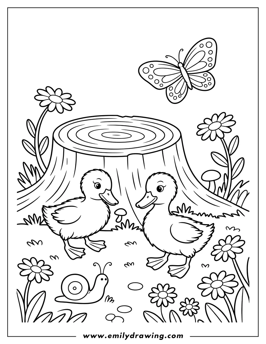 Two ducklings stand near a tree stump, with flowers, grass, a butterfly, a snail, and a mushroom surrounding them.