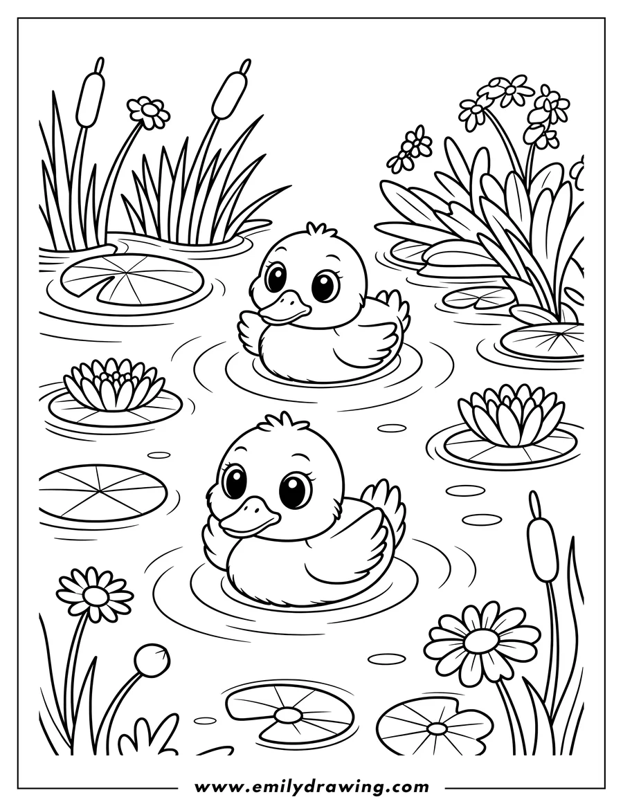 Two ducklings swimming in a pond amongst lily pads and flowers.