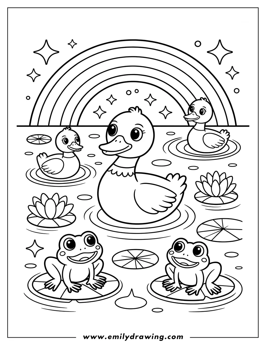 Outline of three ducks and two frogs in a pond beneath a rainbow. The ducks are swimming, and the frogs are sitting on lily pads.