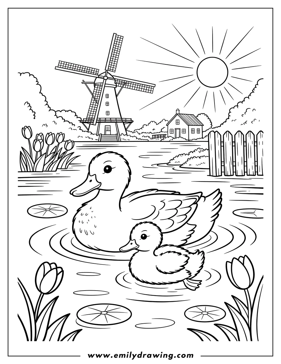 Outline of two ducks, one larger and one a duckling, swimming on a pond with lily pads.  A windmill, a small house, and some tulips are visible in the background.