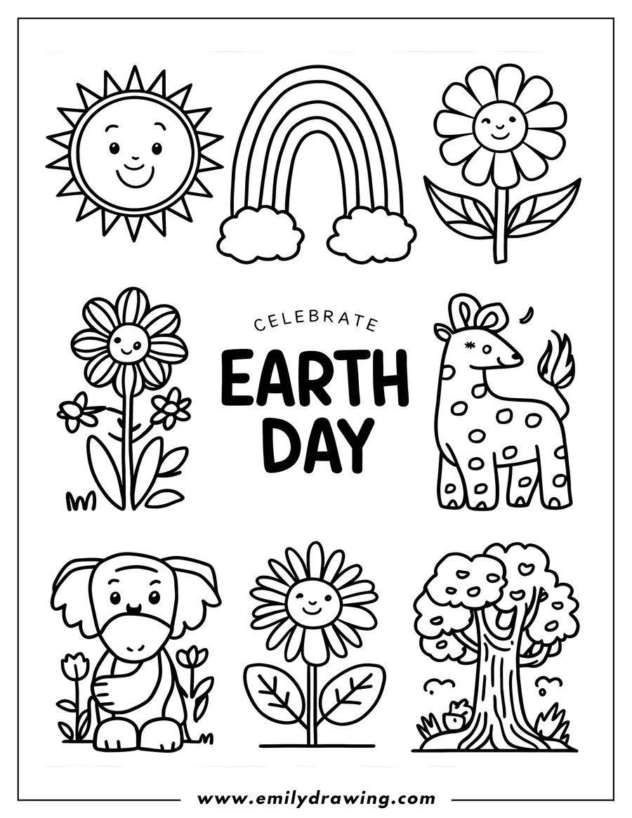 Line art of various Earth Day elements including a smiling sun, rainbow, flowers, a giraffe, an elephant, and a tree.