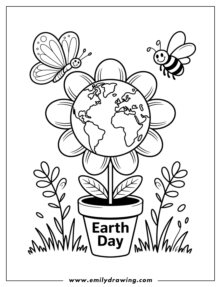 Outline of Earth as a flower in a pot for Earth Day, with a butterfly and a bee.
