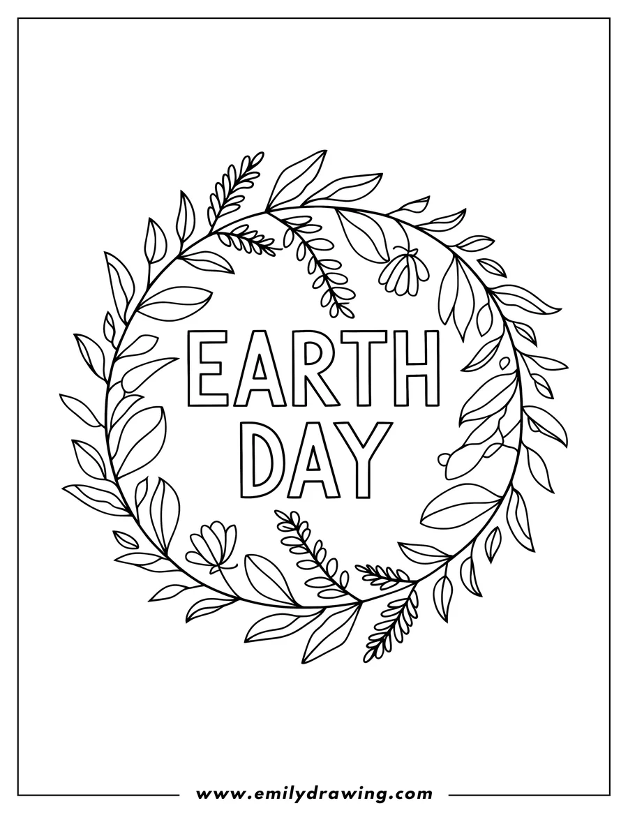 Outline of an Earth Day wreath with leaves and flowers.