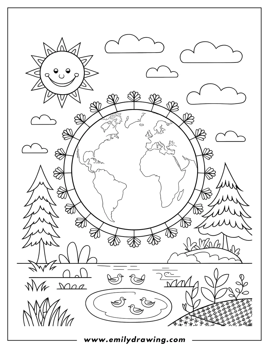Outline of Earth with a smiling sun, trees, ducks swimming in a pond, and decorative leaf border