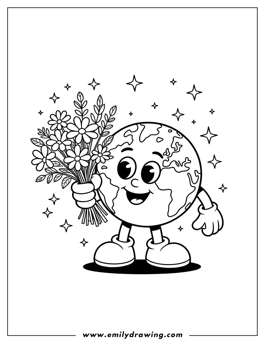 Line art of Earth holding a bouquet of flowers and smiling among twinkling stars.
