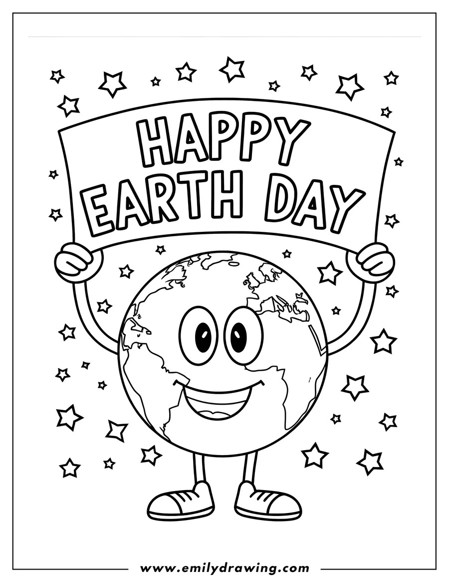 Outline of a smiling Earth holding a sign that says