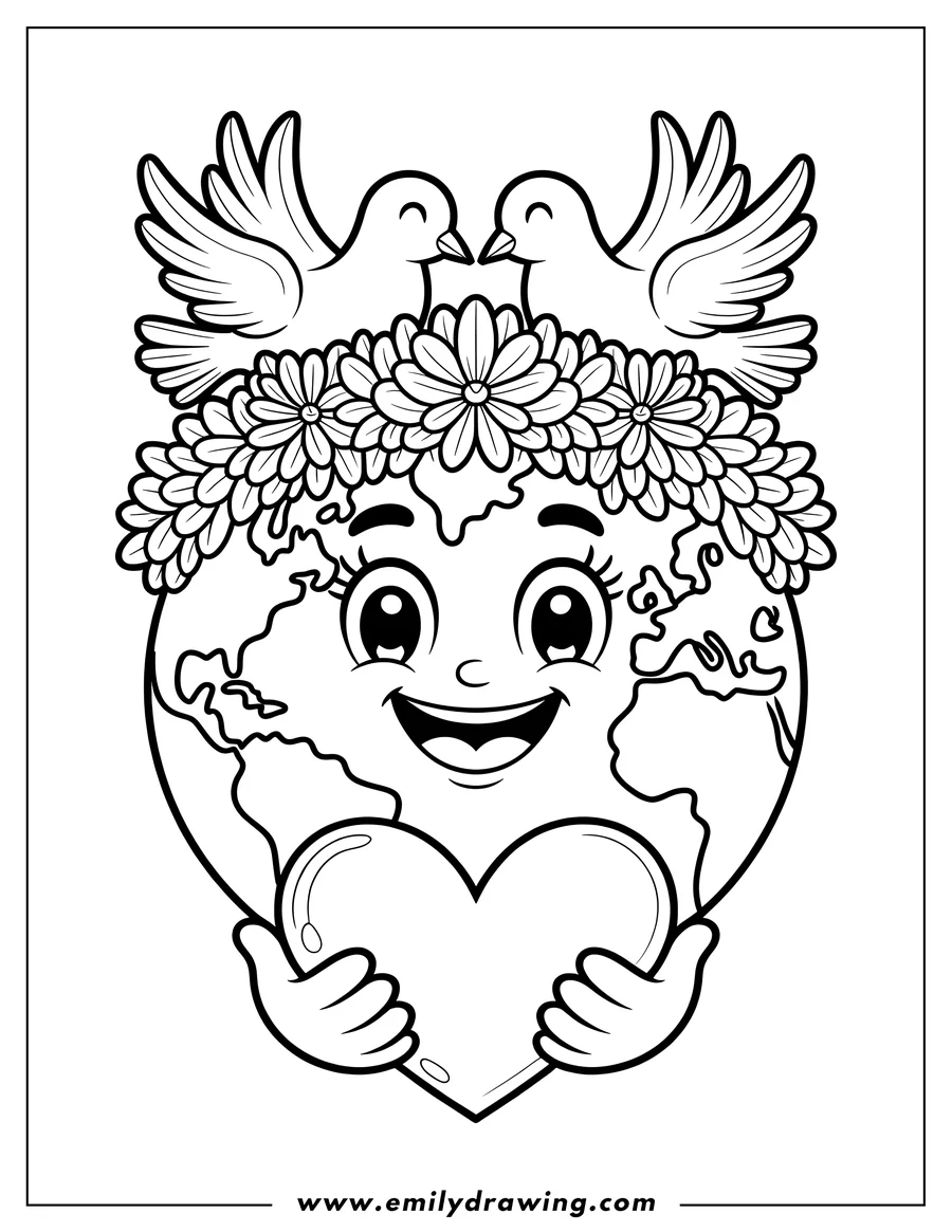 Outline of Earth holding a heart, wearing a flower crown, with two doves.