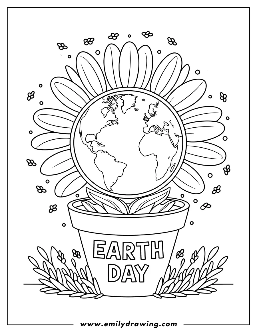 Line art of Earth as a flower in a flower pot for Earth Day, decorated with small flowers and leaves.