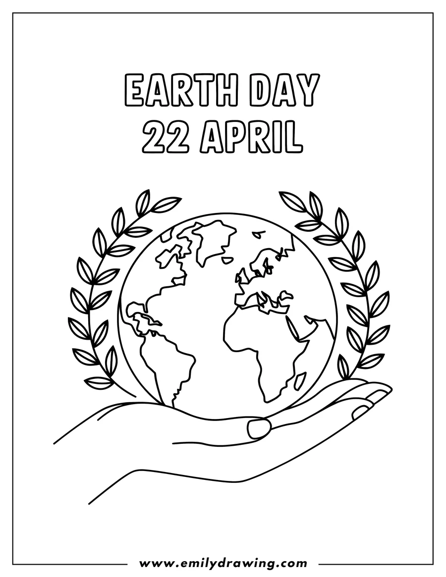 Line art of the Earth held gently in a hand, surrounded by a leafy branch wreath, symbolizing Earth Day.